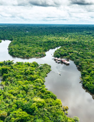 Peru. Aerial view of Rio Momon. Top View of Amazon Rainforest,