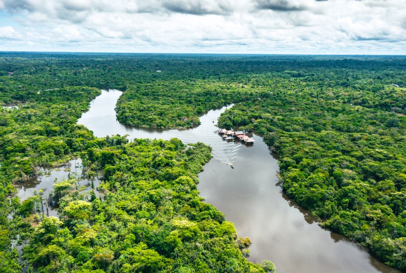 Peru. Aerial view of Rio Momon. Top View of Amazon Rainforest,