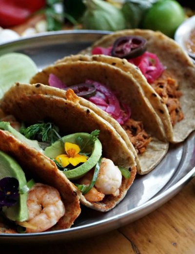 Healthy Gourmet Food Authentic Mexican Tacos with Shrimp Avocado and Pulled Pork