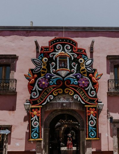Vibrant decorated facade in San Miguel de Allende, Mexico.