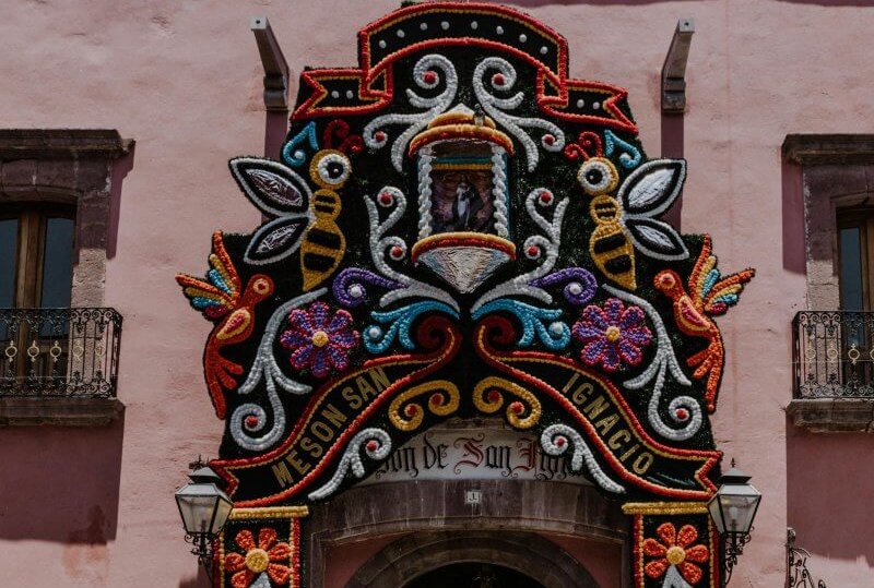 Vibrant decorated facade in San Miguel de Allende, Mexico.
