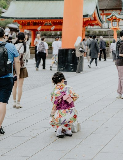 Little girl in kimono walking near Shinto shrine for Shichi-Go-San festival