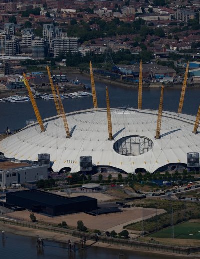 The O2 Arena London aerial view with Thames River and cityscape