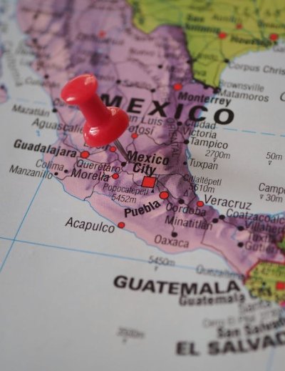 A detailed map of Mexico marked with a red push pin