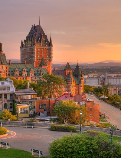 Frontenac Castle in Old Quebec City in the beautiful sunrise lig