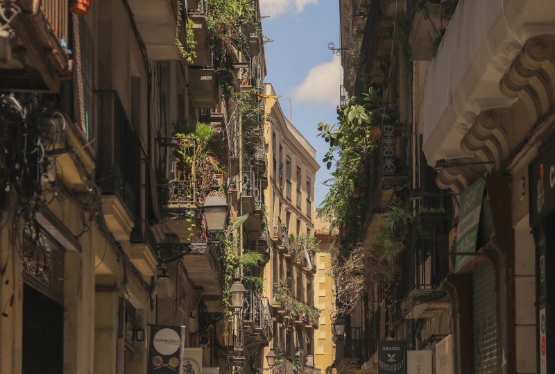 Charming narrow stone street in the Gothic Quarter of Barcelona
